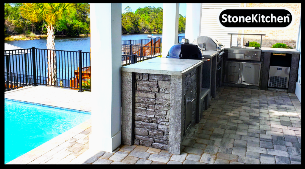 Custom outdoor kitchen with Marvelcrete® cabinetry, 16-gauge 304 stainless steel appliances, and coastal-friendly design in Myrtle Beach, SC.
