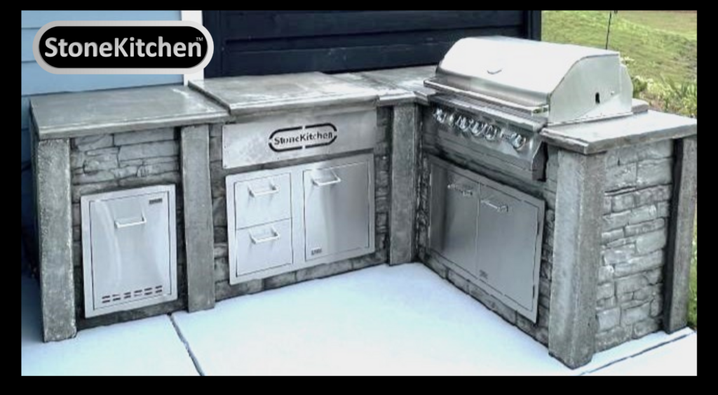 Custom luxury outdoor kitchen in Del Webb at Grande Dunes Myrtle Beach featuring stone-style Marvelcrete cabinetry, built-in grill, bar seating, and coastal-designed outdoor living space