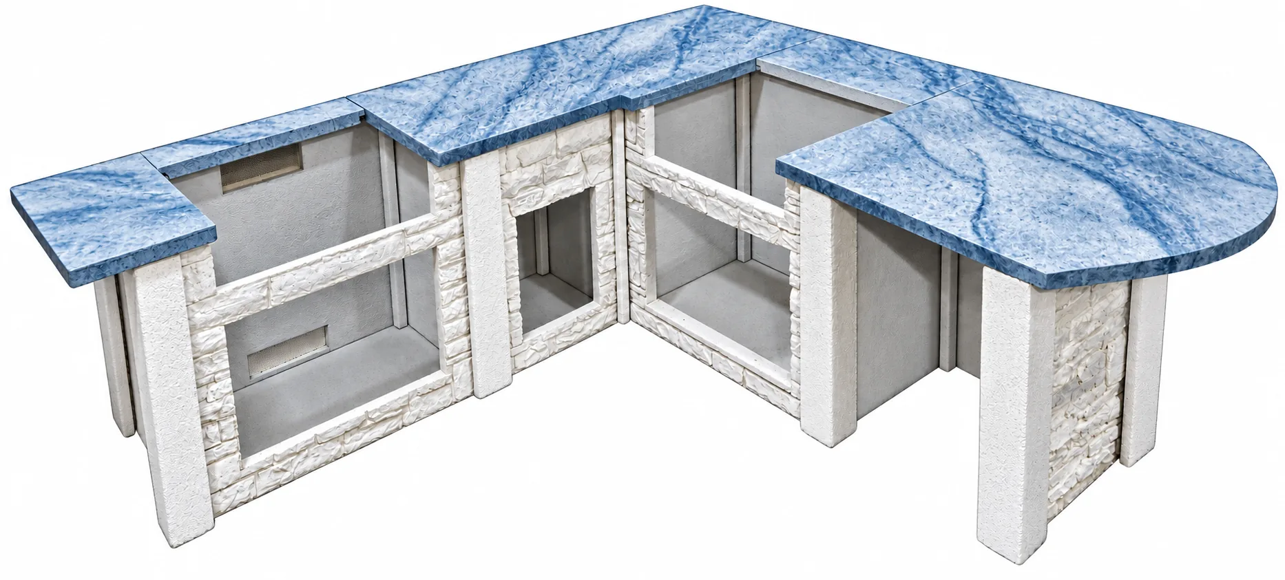 MarvelCrete outdoor kitchen with white cabinet finish and blue and white veined concrete countertops