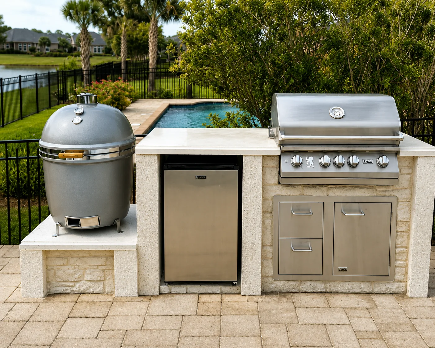 Outdoor kitchen with a Kamado cooker and built-in grill